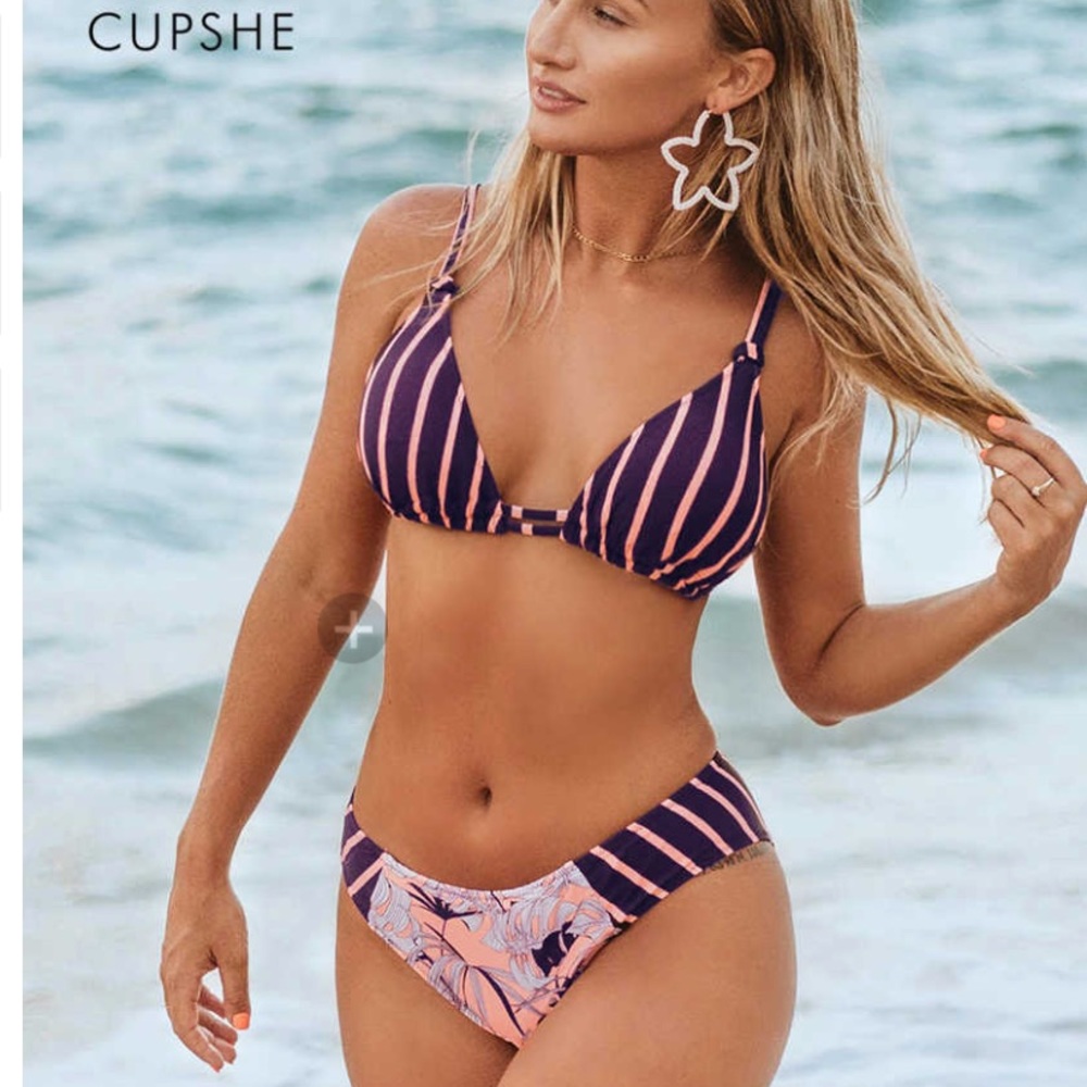 CUPSHE Purple Stripe and Floral Bikini - Size M